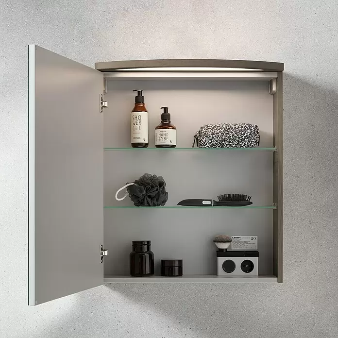 Camargue Swing LED-Spiegelschrank - B x H: 60 x 70,5 cm, Anschlag: Links, Mit Beleuchtung, Spanplatte, Eiche Maron - Stimmungsaufnahme