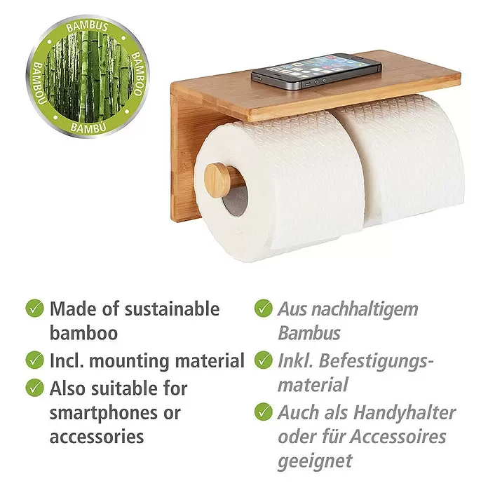 Wenko Bambusa Toilettenpapierhalter - Mit Ablage, Bambus - Anwendungsbeispiel