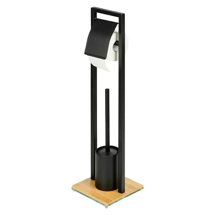 Wenko Bambusa Conjunto de escobillero y portarrollos - Altura: 72,5 cm, Negro/Bambú, Mate - Vista angular