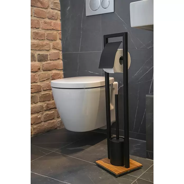 Wenko Bambusa Conjunto de escobillero y portarrollos - Altura: 72,5 cm, Negro/Bambú, Mate - Foto ambiente