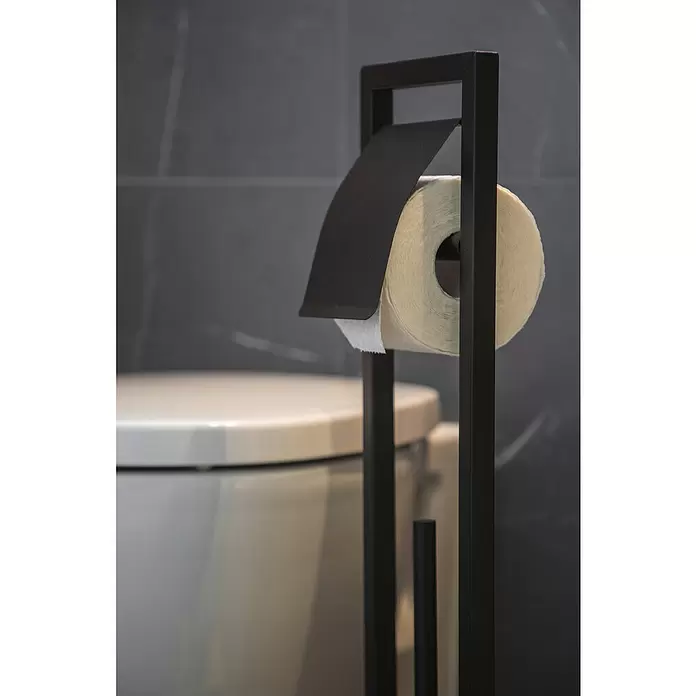 Wenko Bambusa Conjunto de escobillero y portarrollos - Altura: 72,5 cm, Negro/Bambú, Mate - Foto ambiente