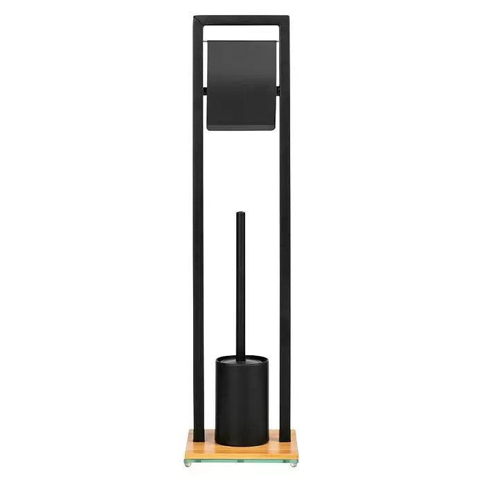 Wenko Bambusa Conjunto de escobillero y portarrollos - Altura: 72,5 cm, Negro/Bambú, Mate - Vista trasera