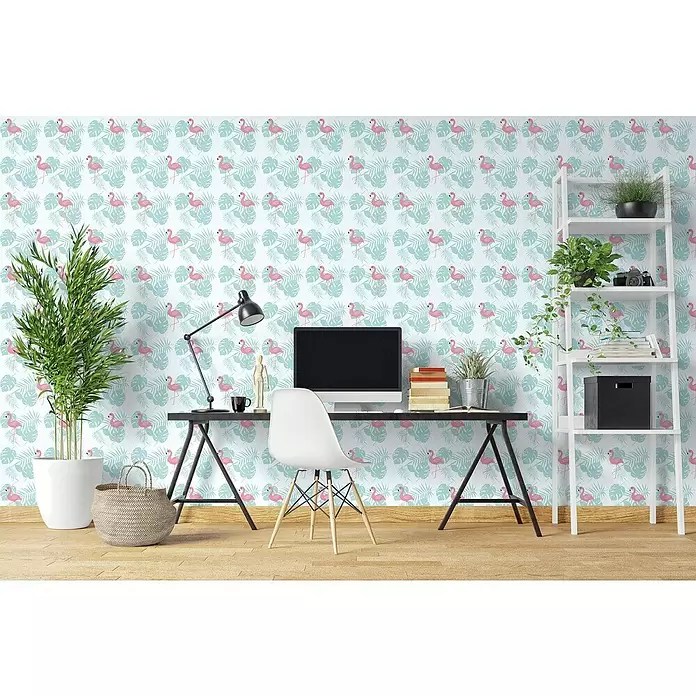 Papel pintado de vinilo autoadhesivo Flamencos - 90 cm x 3 m, 100% PVC - Foto ambiente