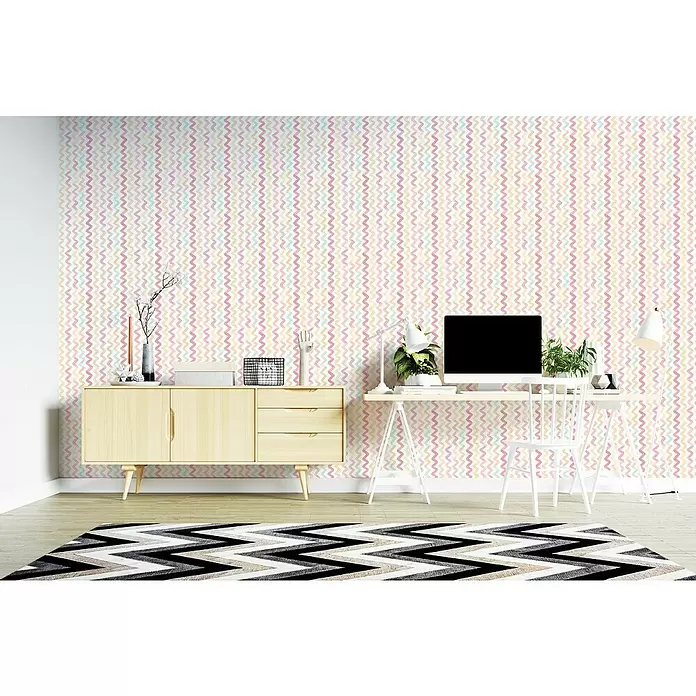 Papel pintado de vinilo autoadhesivo Zigzag - 90 cm x 3 m, 100% PVC, Acuarelas Multicolor - Foto ambiente