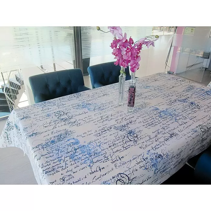 Mantel para mesa a metros María - Ancho: 140 cm, Blanco/Azul - Foto ambiente