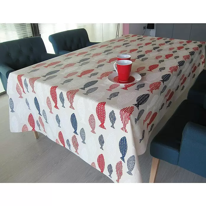 Mantel para mesa a metros Bismark - Ancho: 140 cm, Beige/Blanco/Rojo/Azul - Foto ambiente