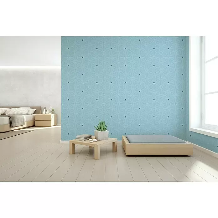 Papel pintado de vinilo autoadhesivo Habibi - 90 cm x 3 m, 100% PVC, Aqua - Foto ambiente