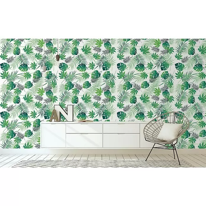 Papel pintado de vinilo autoadhesivo Tropical Hojas - 90 cm x 3 m, 100% PVC - Foto ambiente