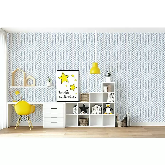 Papel pintado de vinilo autoadhesivo Zigzag - 90 cm x 3 m, 100% PVC, Azul/Transparente - Foto ambiente