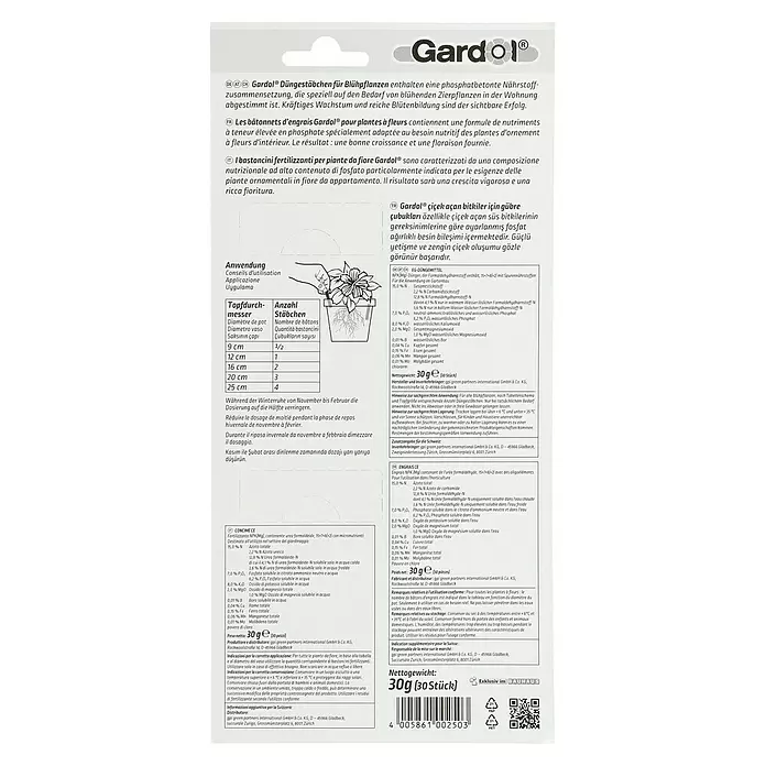 Gardol Blühpflanzen-Düngestäbchen - 30 Stk., Inhalt ausreichend für ca.: Anwendungsbedingt - Rückansicht