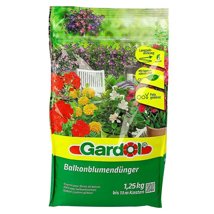 Gardol Balkonblumendünger - Wiederverschließbar, 1,25 kg, Inhalt ausreichend für ca.: 13 m Balkonkasten - Vorderansicht