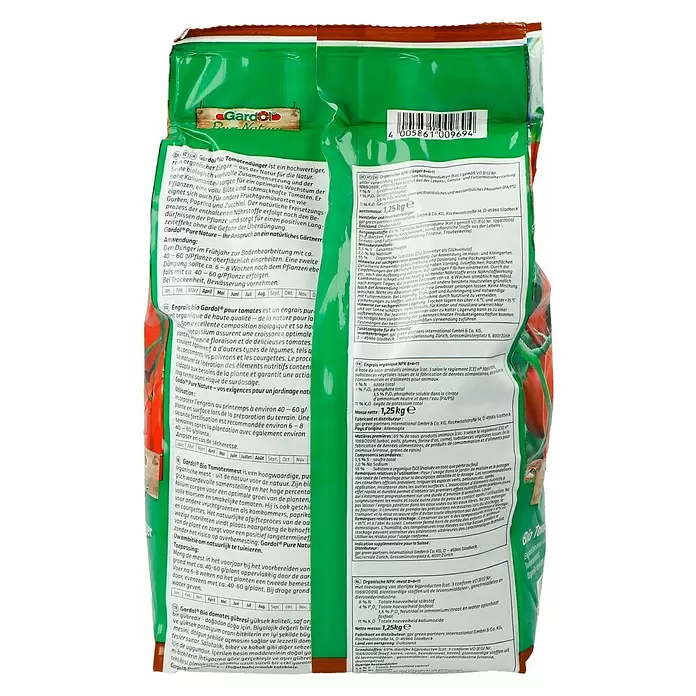 Gardol Pure Nature Bio-Tomatendünger - Inhalt ausreichend für ca.: 10 Pflanzen, 1,25 kg, Wiederverschließbar - Rückansicht