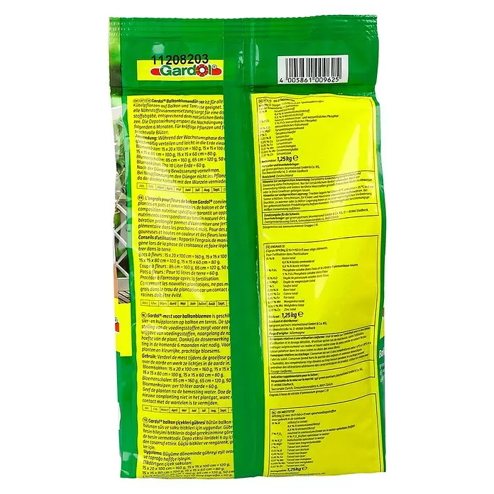 Gardol Balkonblumendünger - Wiederverschließbar, 1,25 kg, Inhalt ausreichend für ca.: 13 m Balkonkasten - Rückansicht