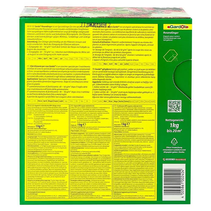 Gardol Rosendünger - 1 kg, Inhalt ausreichend für ca.: 20 m² - Rückansicht