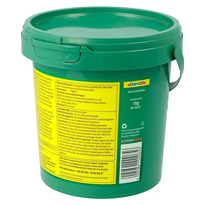 Gardol Hortensienblau - 1 kg, Inhalt ausreichend für ca.: 50 m², Wiederverschließbar - Diagonale Ansicht