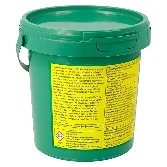 Gardol Hortensienblau - 1 kg, Inhalt ausreichend für ca.: 50 m², Wiederverschließbar - Diagonale Ansicht
