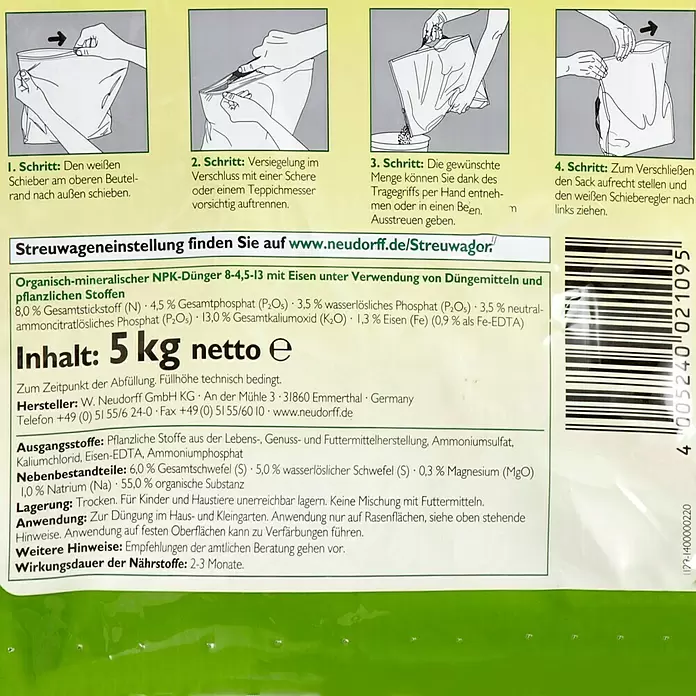 Neudorff Rasendünger Spezial Mooslos Glücklich - 5 kg - Detailaufnahme