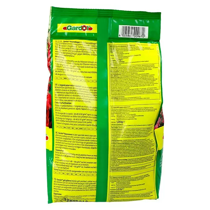 Gardol Rosendünger - Wiederverschließbar, 1,25 kg, Inhalt ausreichend für ca.: 25 m² - Rückansicht