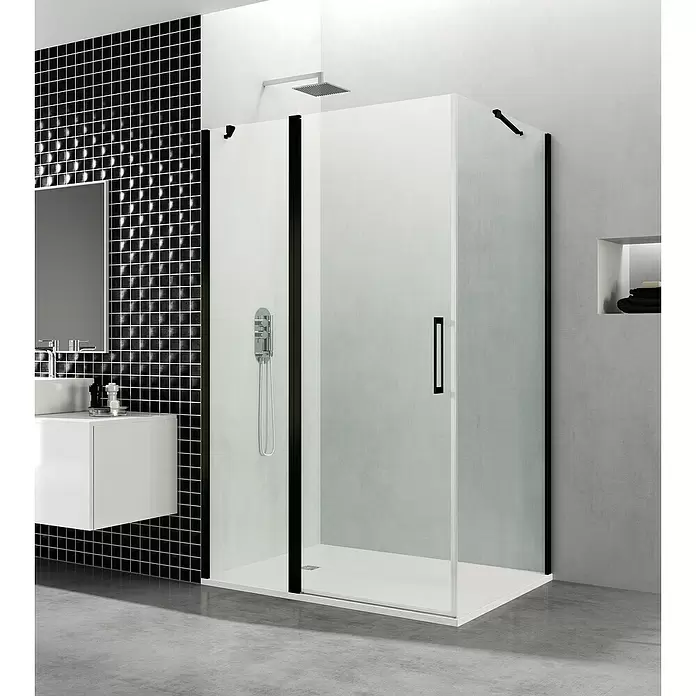 GME Mampara de ducha esquinera Open Combi C frontal + lateral - L x An x Al: 80 x 110 (30/80) x 195 cm, Vidrio transparente, Espesor: 6 mm, Negro - Foto ambiente