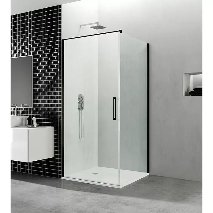 GME Mampara de ducha esquinera Open Combi A frontal + lateral - L x An x Al: 70 x 60 x 195 cm, Espesor: 6 mm, Negro - Foto ambiente