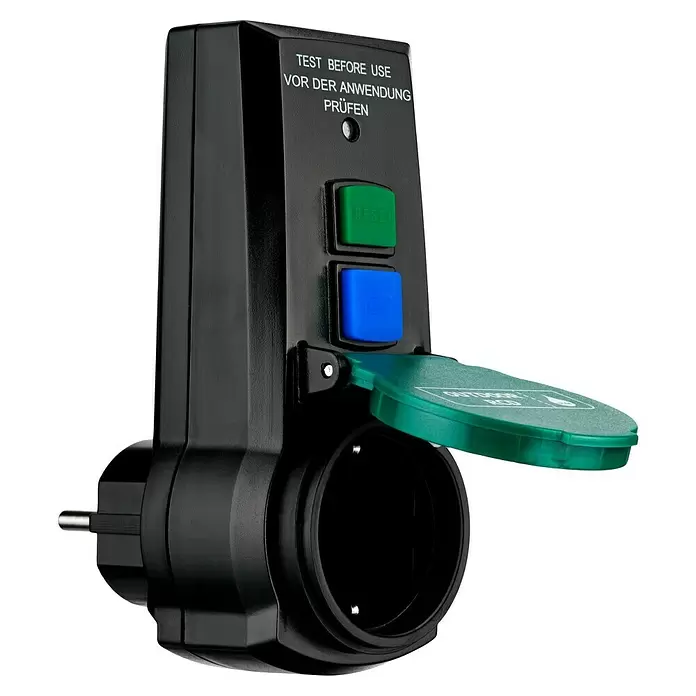 FI-Adapter Außen - 230 V, 16 A, Bemessungsfehlerstrom: 0,03 A, IP44 - Diagonale Ansicht