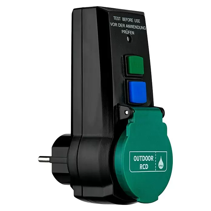 FI-Adapter Außen - 230 V, 16 A, Bemessungsfehlerstrom: 0,03 A, IP44 - Diagonale Ansicht