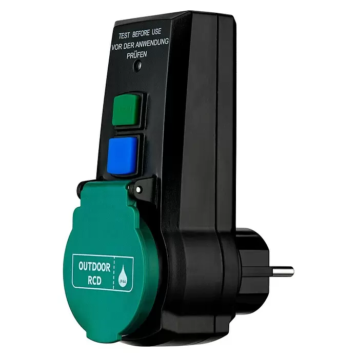 FI-Adapter Außen - 230 V, 16 A, Bemessungsfehlerstrom: 0,03 A, IP44 - Diagonale Ansicht