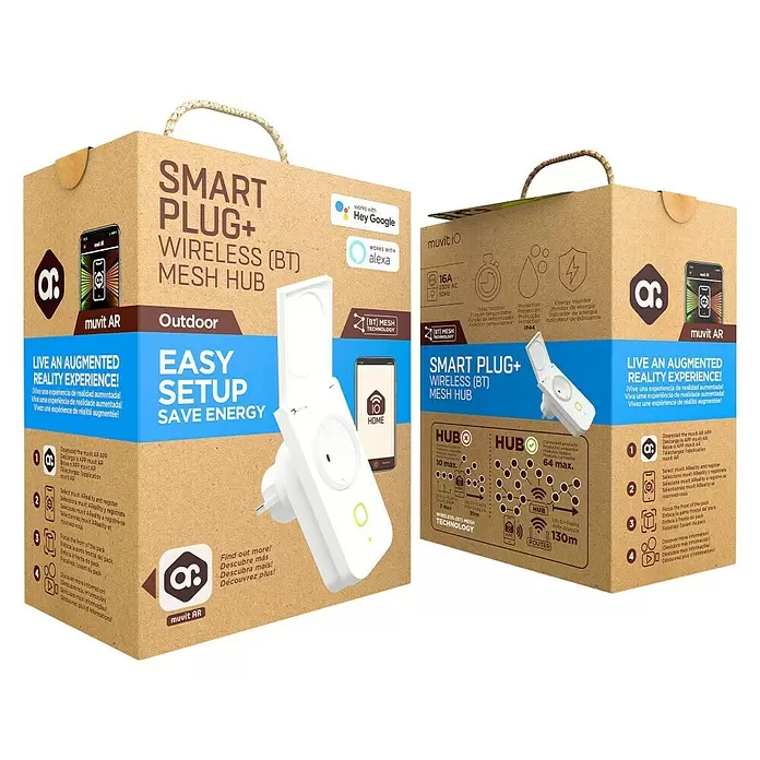 Muvit iO Enchufe inteligente WiFi + Hub Bluetooth Mesh - Para exterior, IP44, Blanco, 16 A - Vista angular
