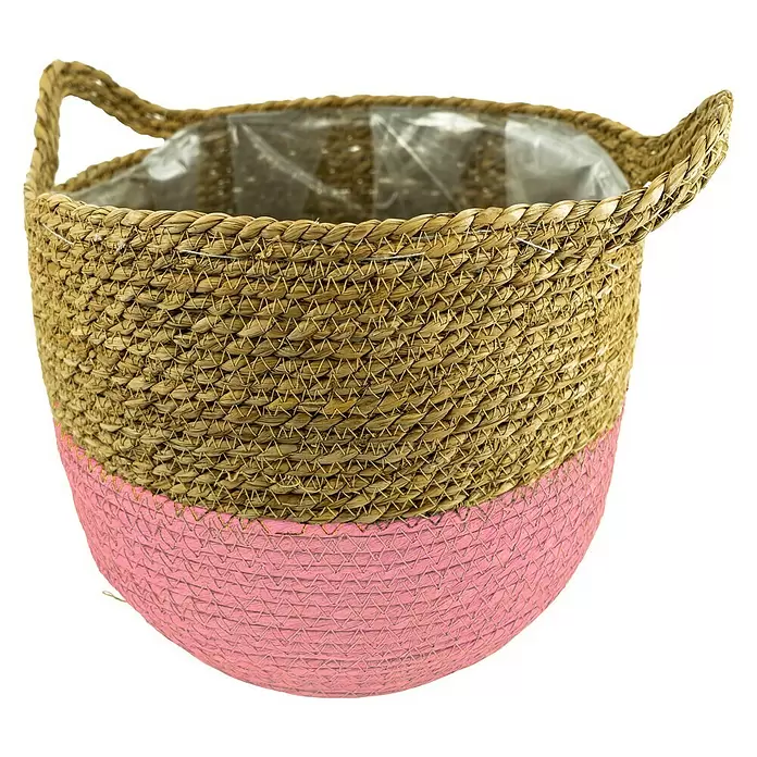 Pflanzkorb Seegras - Außenmaß (Ø x H): 37 x 31 cm, Naturmaterialien, Natur/Rosa - Vorderansicht