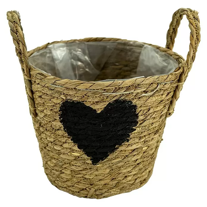 Pflanzkorb Herz - Außenmaß (Ø x H): 22 x 27 cm, Naturmaterialien, Natur/Schwarz - Vorderansicht