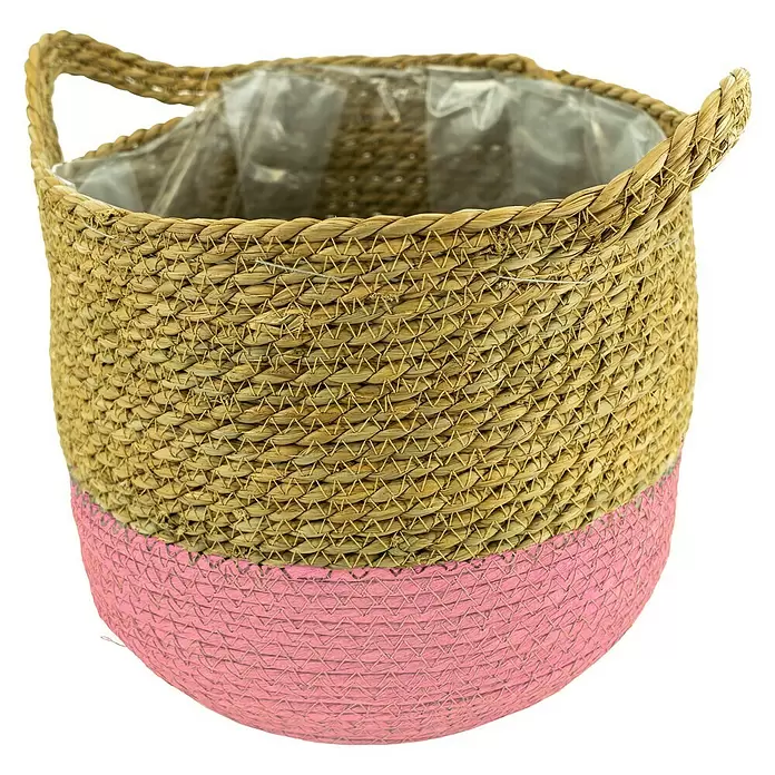 Pflanzkorb Seegras - Außenmaß (Ø x H): 30 x 29 cm, Naturmaterialien, Natur/Rosa - Vorderansicht