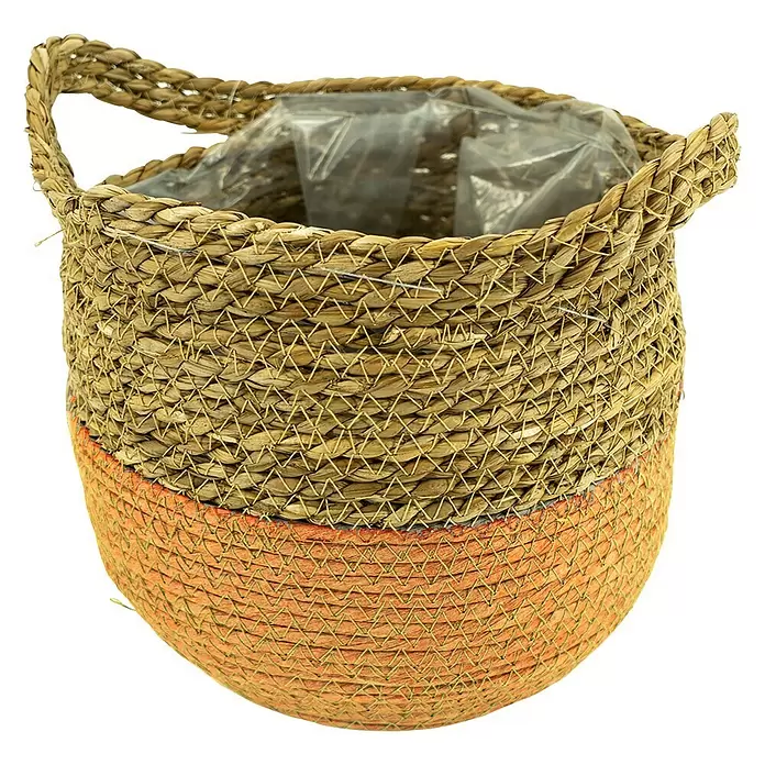Pflanzkorb Seegras - Außenmaß (Ø x H): 20 x 23 cm, Naturmaterialien, Natur/Orange - Vorderansicht