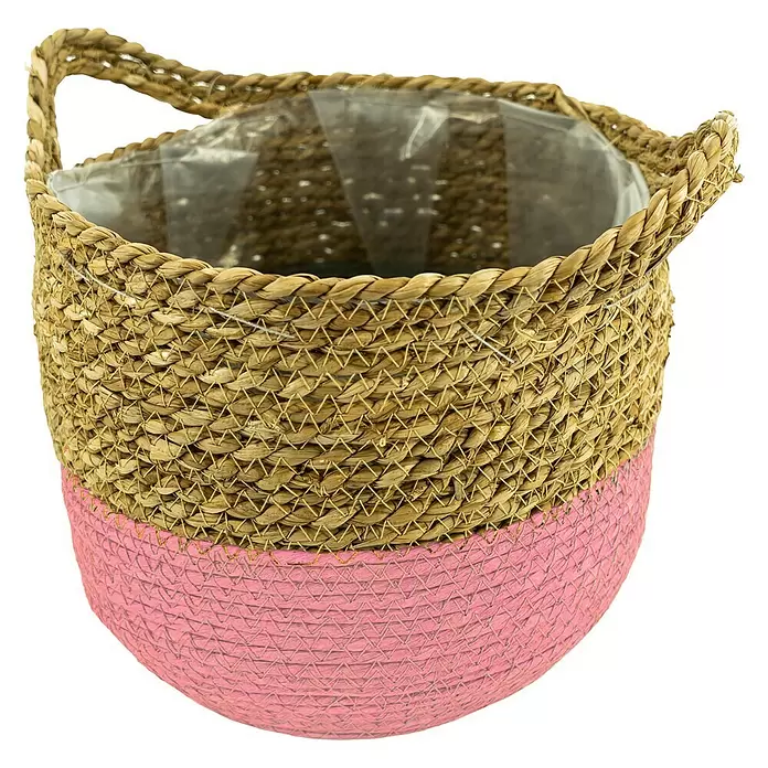 Pflanzkorb Seegras - Außenmaß (Ø x H): 26 x 26 cm, Naturmaterialien, Natur/Rosa - Vorderansicht