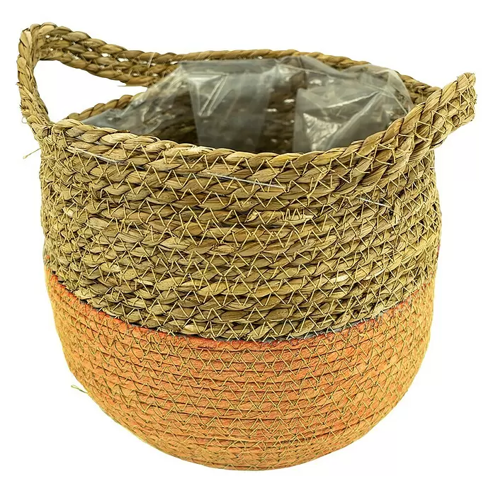 Pflanzkorb Seegras - Außenmaß (Ø x H): 16 x 19 cm, Naturmaterialien, Natur/Orange - Vorderansicht