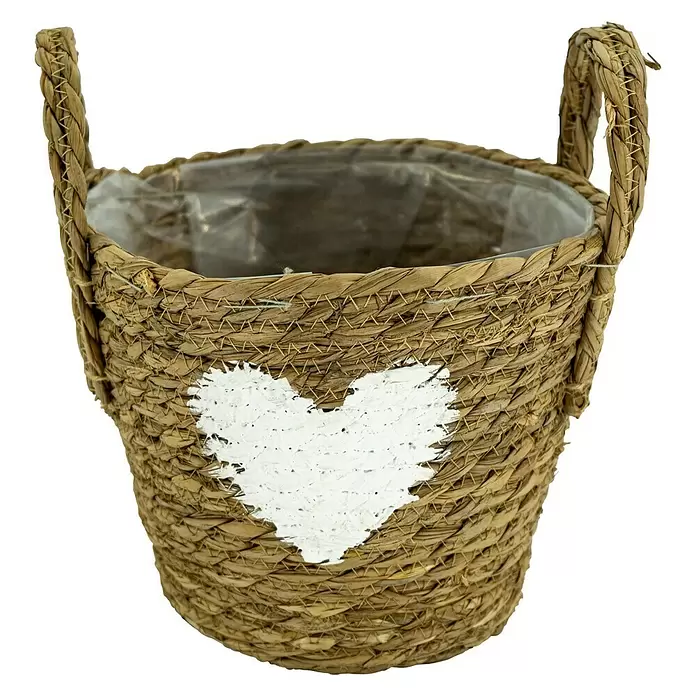 Pflanzkorb Herz - Außenmaß (Ø x H): 22 x 27 cm, Naturmaterialien, Natur/Weiß - Vorderansicht