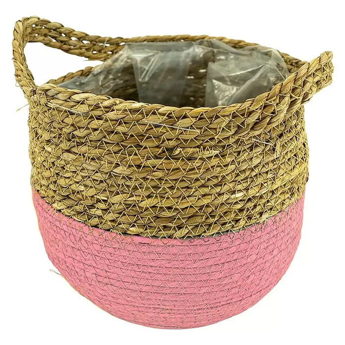 Pflanzkorb Seegras - Außenmaß (Ø x H): 14 x 12 cm, Naturmaterialien, Natur/Rosa - Vorderansicht