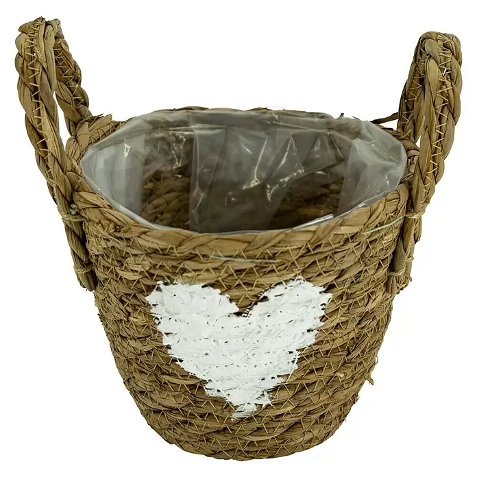 Pflanzkorb Herz - Außenmaß (Ø x H): 17,5 x 19 cm, Naturmaterialien, Natur/Weiß - Vorderansicht