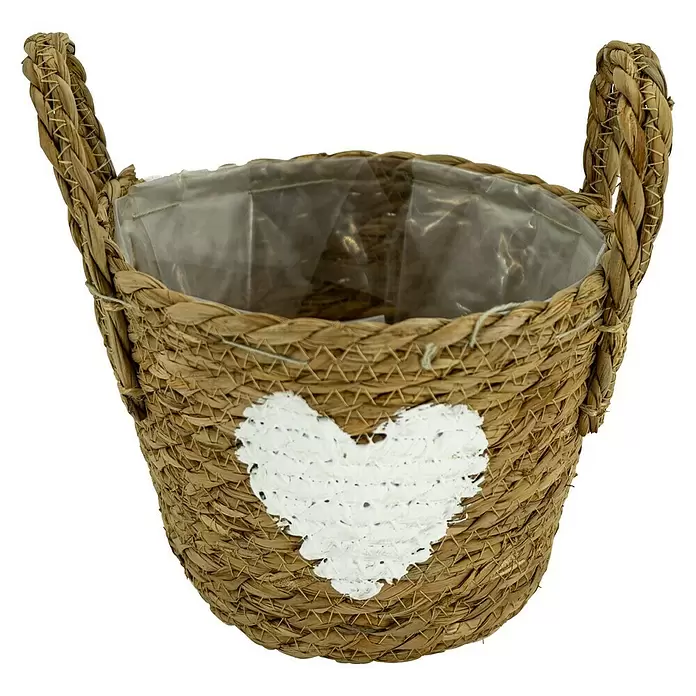 Pflanzkorb Herz - Außenmaß (Ø x H): 19 x 22,5 cm, Naturmaterialien, Natur/Weiß - Vorderansicht