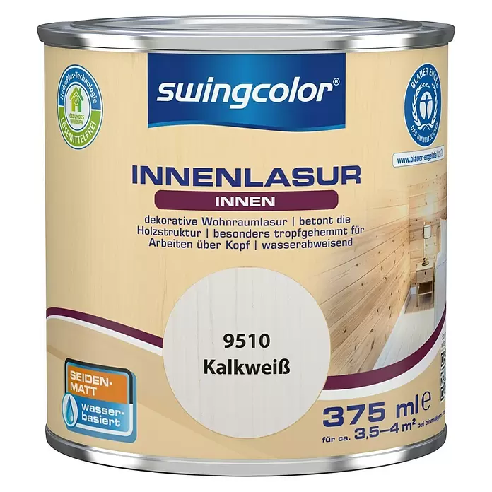swingcolor Holzlasur Innenlasur - Kalkweiß, 375 ml, Seidenmatt - Vorderansicht