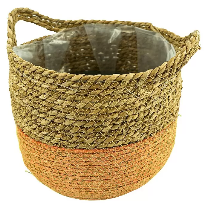 Pflanzkorb Seegras - Außenmaß (Ø x H): 26 x 26 cm, Naturmaterialien, Natur/Orange - Vorderansicht