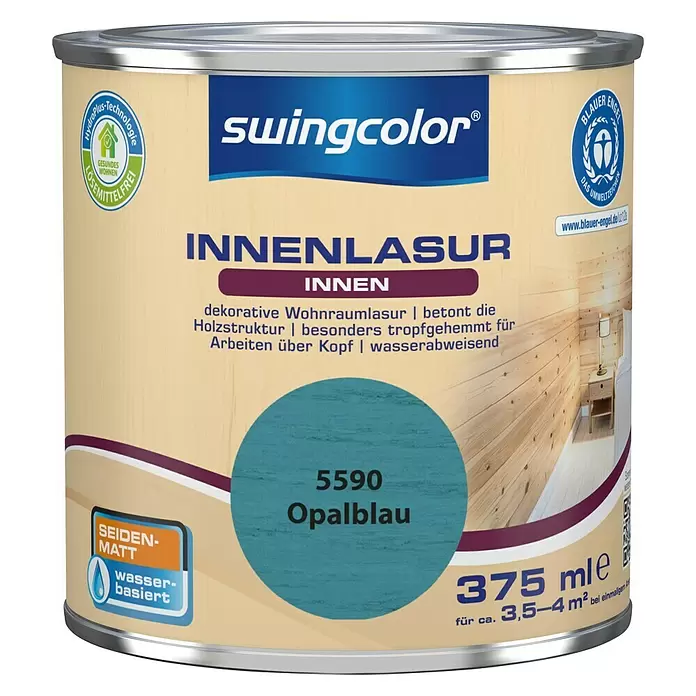 swingcolor Holzlasur Innenlasur - Opalblau, 375 ml, Seidenmatt - Vorderansicht
