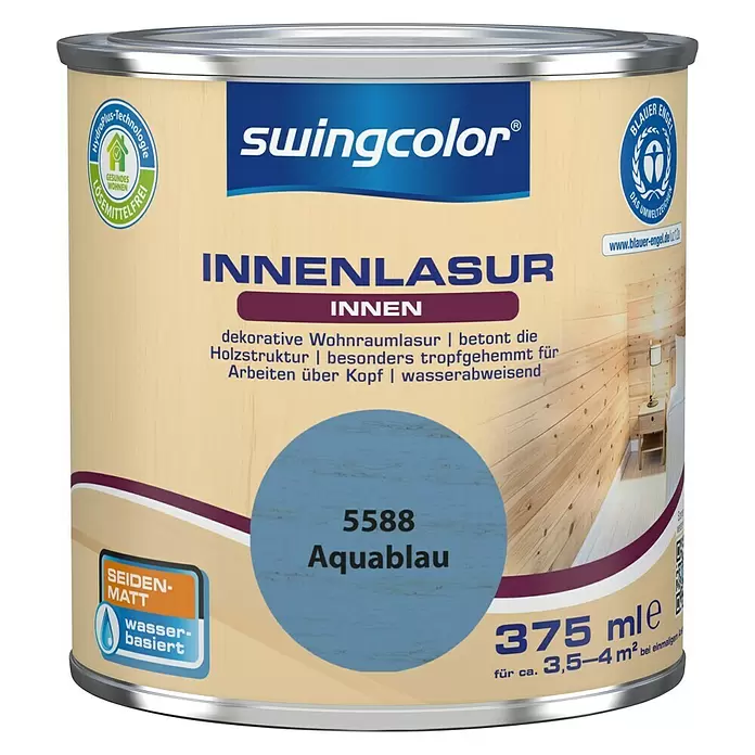 swingcolor Holzlasur Innenlasur - Aquablau, 375 ml, Seidenmatt - Vorderansicht