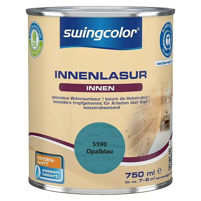 swingcolor Holzlasur Innenlasur - Opalblau, 750 ml, Seidenmatt - Vorderansicht