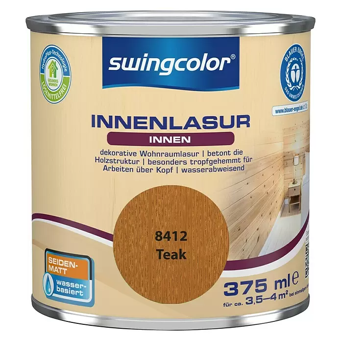 swingcolor Holzlasur Innenlasur - Teak, 375 ml, Seidenmatt - Vorderansicht