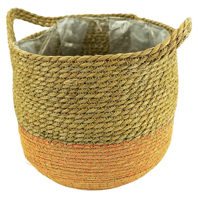 Pflanzkorb Seegras - Außenmaß (Ø x H): 30 x 29 cm, Naturmaterialien, Natur/Orange - Vorderansicht