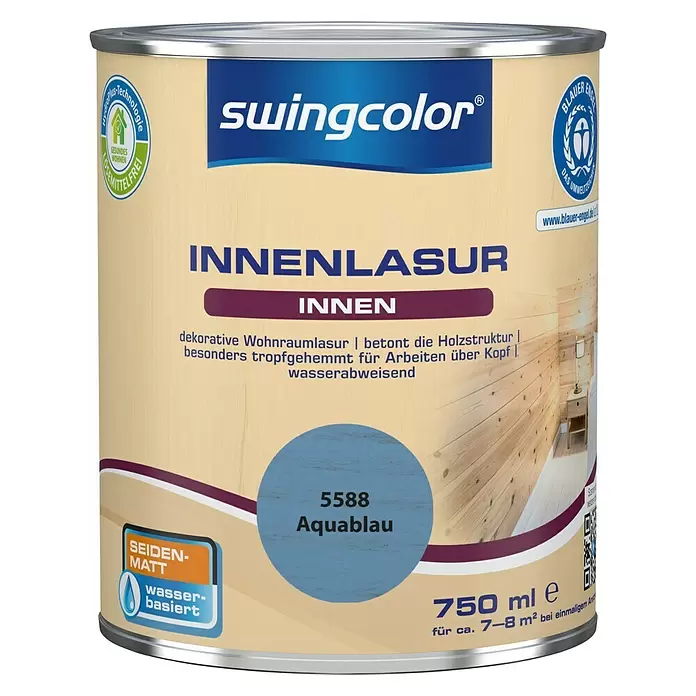 swingcolor Holzlasur Innenlasur - Aquablau, 750 ml, Seidenmatt - Vorderansicht