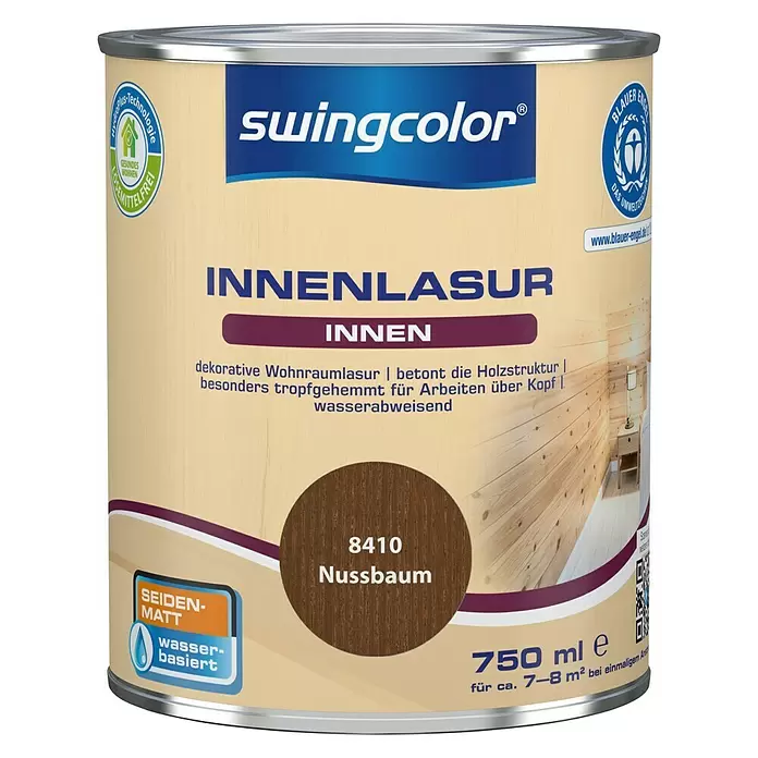swingcolor Holzlasur Innenlasur - Nussbaum, 750 ml, Seidenmatt - Vorderansicht