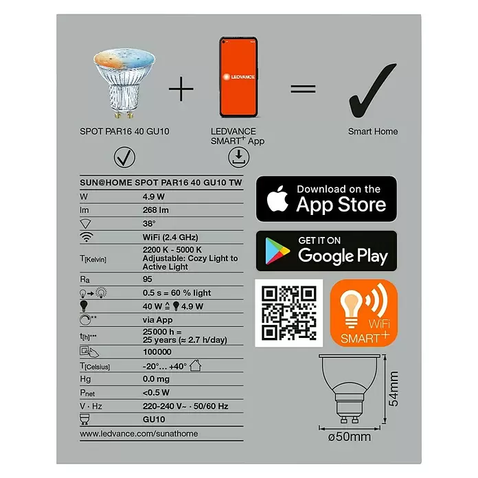 Ledvance SUN@Home LED-Leuchtmittel Smart+ WIFI - GU10, 4,9 W, PAR16, 268 lm - Rückansicht