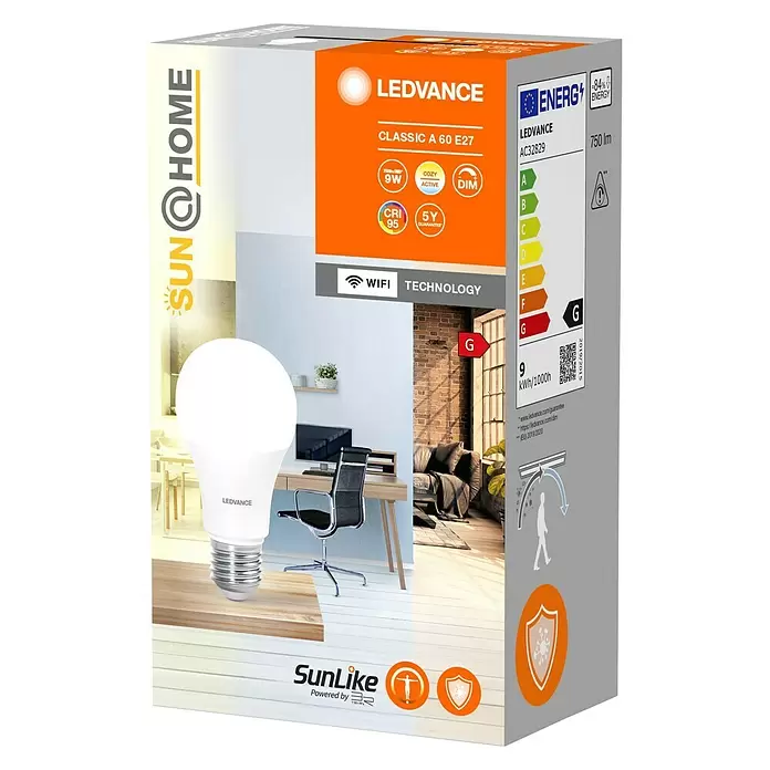 Ledvance SUN@Home LED-Leuchtmittel Smart+ WIFI - E27, 9 W, A40, 750 lm - Diagonale Ansicht