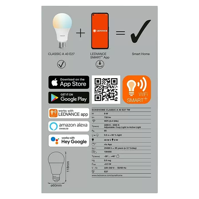 Ledvance SUN@Home LED-Leuchtmittel Smart+ WIFI - E27, 9 W, A40, 750 lm - Rückansicht